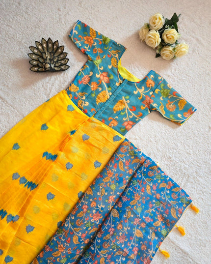 Designer Premium Linen Silk Ready To Wear Gown Saree | Kalamkari Printed Work - Rosepetals Luxe