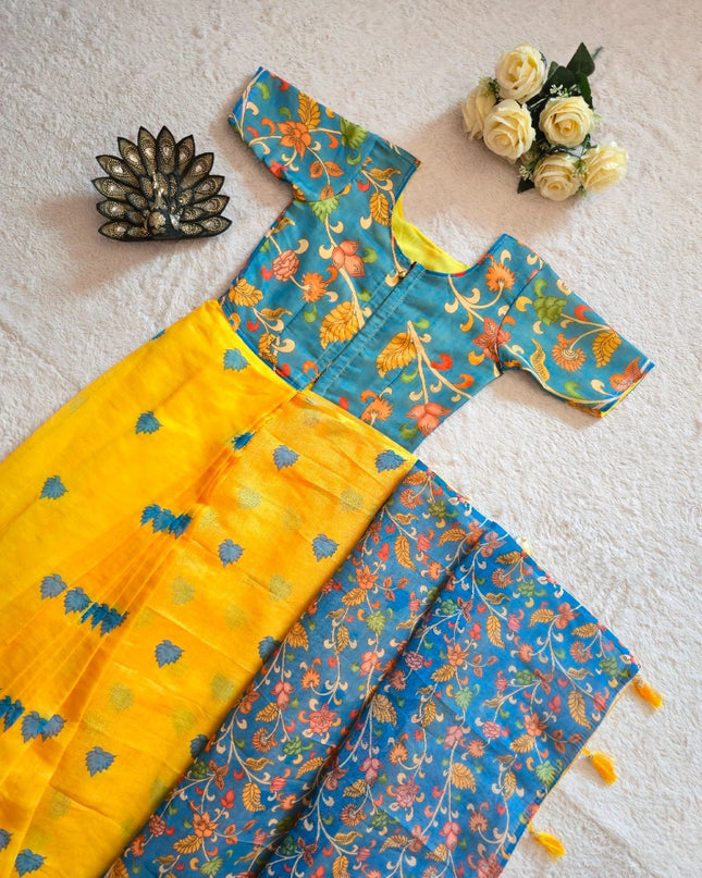 Designer Premium Linen Silk Ready To Wear Gown Saree | Kalamkari Printed Work - Rosepetals Luxe