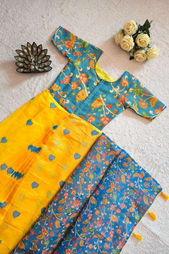 Designer Premium Linen Silk Ready To Wear Gown Saree | Kalamkari Printed Work - Rosepetals Luxe