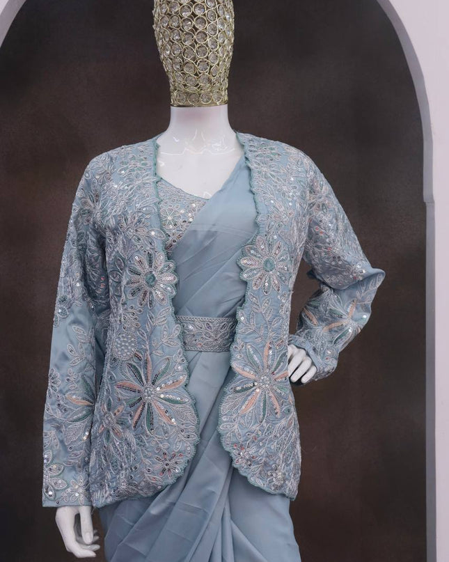 Designer Ready - to - Wear Crepe Silk Saree with Embroidered Jacket, Blouse & Belt - Rosepetals Luxe
