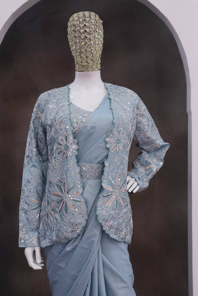 Designer Ready - to - Wear Crepe Silk Saree with Embroidered Jacket, Blouse & Belt - Rosepetals Luxe