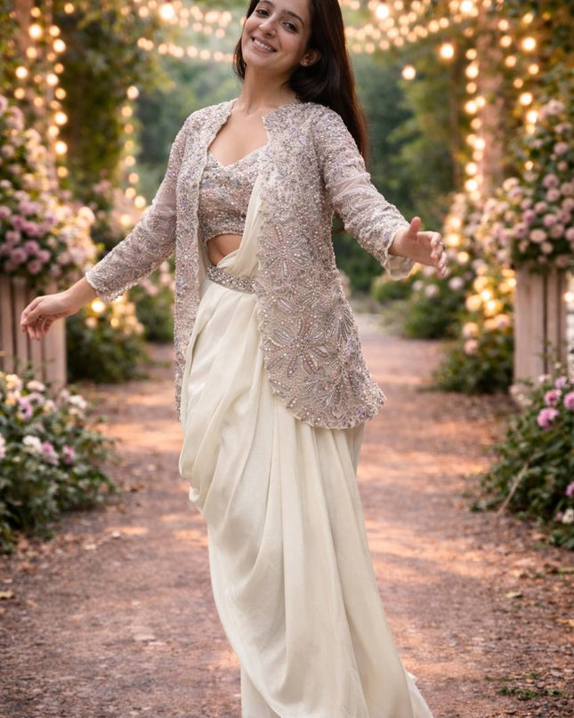Designer Ready - to - Wear Crepe Silk Saree with Embroidered Jacket, Blouse & Belt - Rosepetals Luxe
