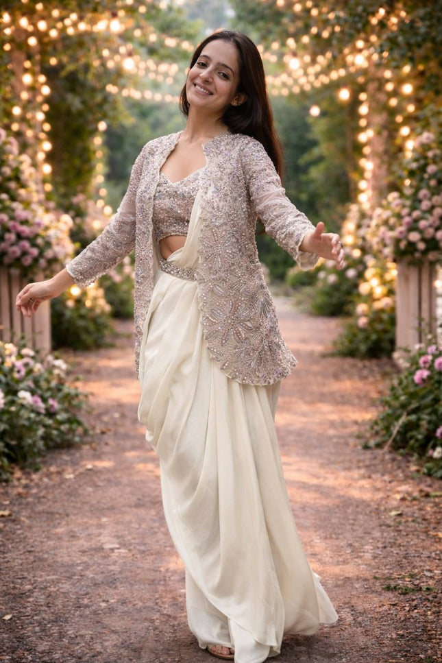 Designer Ready - to - Wear Crepe Silk Saree with Embroidered Jacket, Blouse & Belt - Rosepetals Luxe