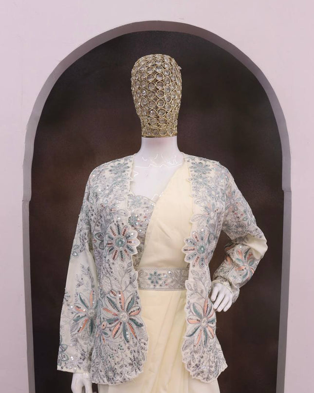 Designer Ready - to - Wear Crepe Silk Saree with Embroidered Jacket, Blouse & Belt - Rosepetals Luxe
