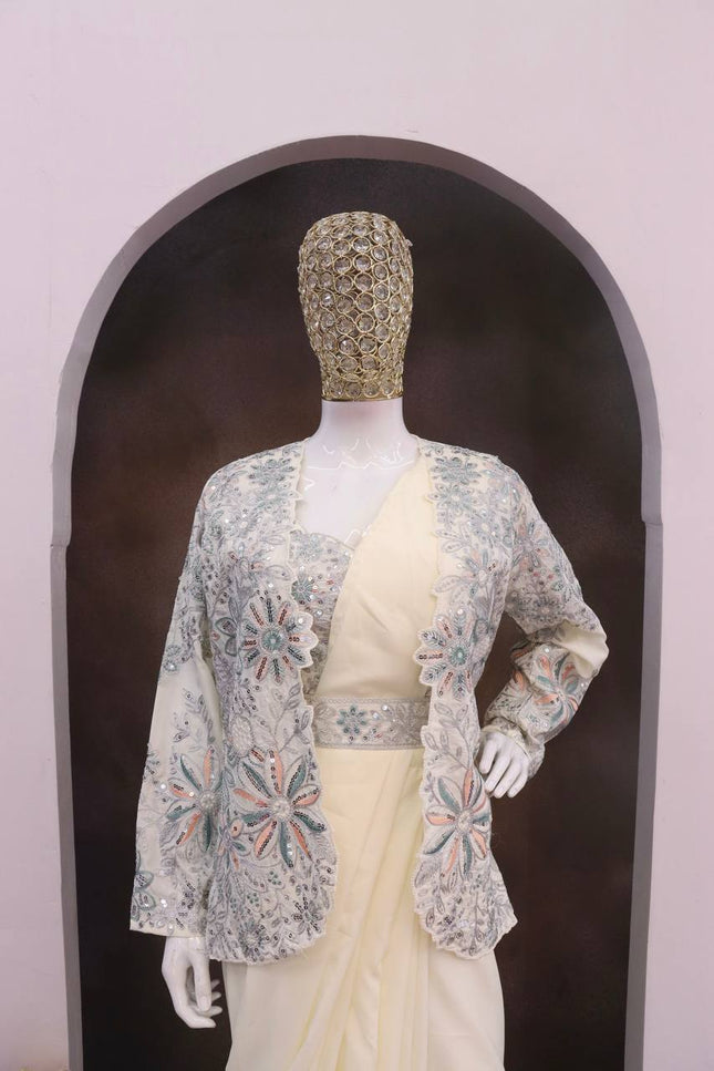 Designer Ready - to - Wear Crepe Silk Saree with Embroidered Jacket, Blouse & Belt - Rosepetals Luxe