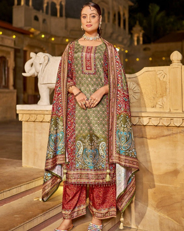 Designer Readymade Suit Jam Satin Silk With Designer Print - Rosepetals Luxe
