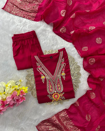 Designer Roman Silk Kurti Set | Rani Pink | Embroidery & Sequence Work | Kurti Pant Dupatta - Rosepetals Luxe