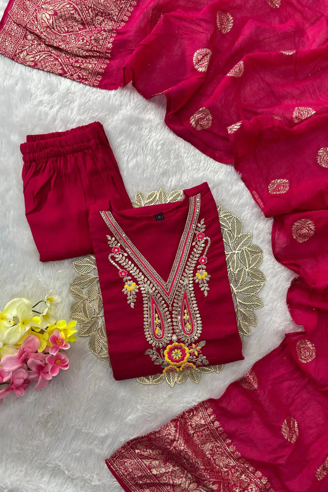 Designer Roman Silk Kurti Set | Rani Pink | Embroidery & Sequence Work | Kurti Pant Dupatta - Rosepetals Luxe