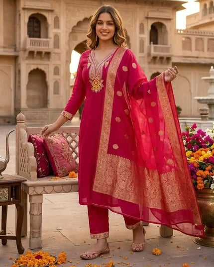 Designer Roman Silk Kurti Set | Rani Pink | Embroidery & Sequence Work | Kurti Pant Dupatta - Rosepetals Luxe
