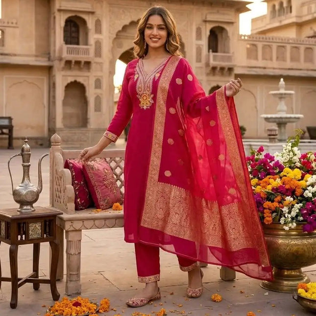 Designer Roman Silk Kurti Set | Rani Pink | Embroidery & Sequence Work | Kurti Pant Dupatta - Rosepetals Luxe