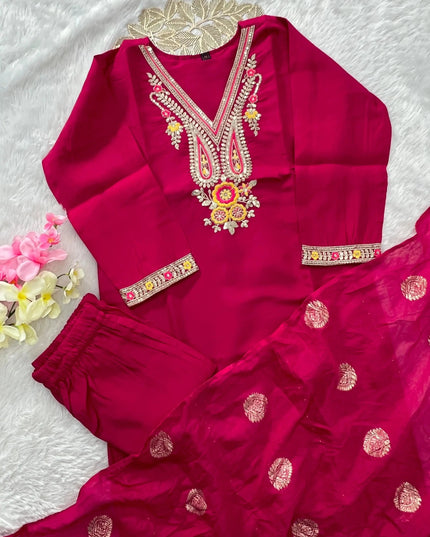 Designer Roman Silk Kurti Set | Rani Pink | Embroidery & Sequence Work | Kurti Pant Dupatta - Rosepetals Luxe