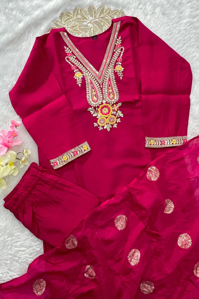 Designer Roman Silk Kurti Set | Rani Pink | Embroidery & Sequence Work | Kurti Pant Dupatta - Rosepetals Luxe