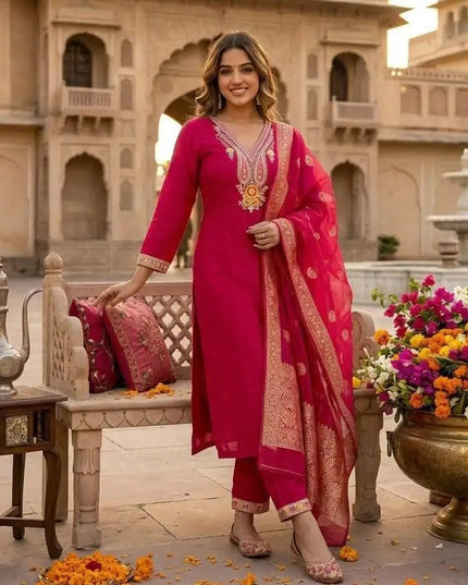 Designer Roman Silk Kurti Set | Rani Pink | Embroidery & Sequence Work | Kurti Pant Dupatta - Rosepetals Luxe