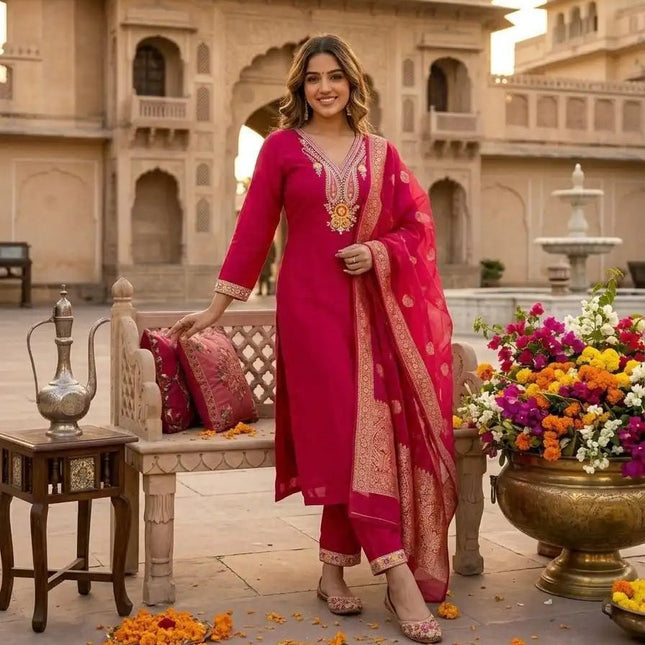Designer Roman Silk Kurti Set | Rani Pink | Embroidery & Sequence Work | Kurti Pant Dupatta - Rosepetals Luxe