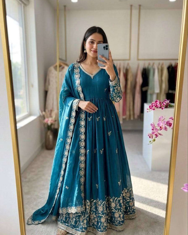 Designer Satin Silk Gown Set | Sequins Embroidery | With Pant & Dupatta | Rosepetals Luxe - Rosepetals Luxe