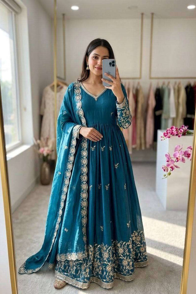 Designer Satin Silk Gown Set | Sequins Embroidery | With Pant & Dupatta | Rosepetals Luxe - Rosepetals Luxe