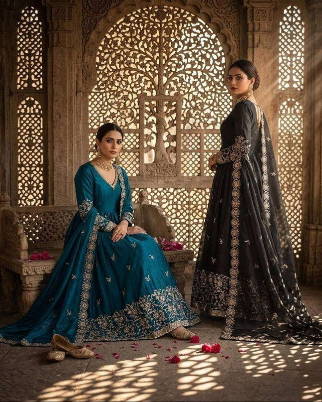 Designer Satin Silk Gown Set | Sequins Embroidery | With Pant & Dupatta | Rosepetals Luxe - Rosepetals Luxe