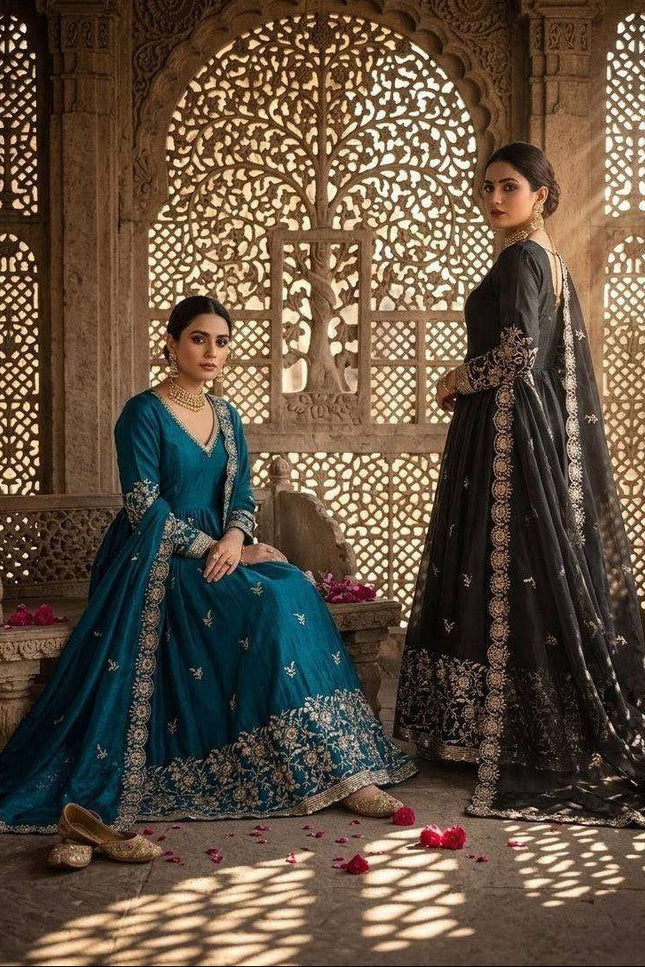 Designer Satin Silk Gown Set | Sequins Embroidery | With Pant & Dupatta | Rosepetals Luxe - Rosepetals Luxe
