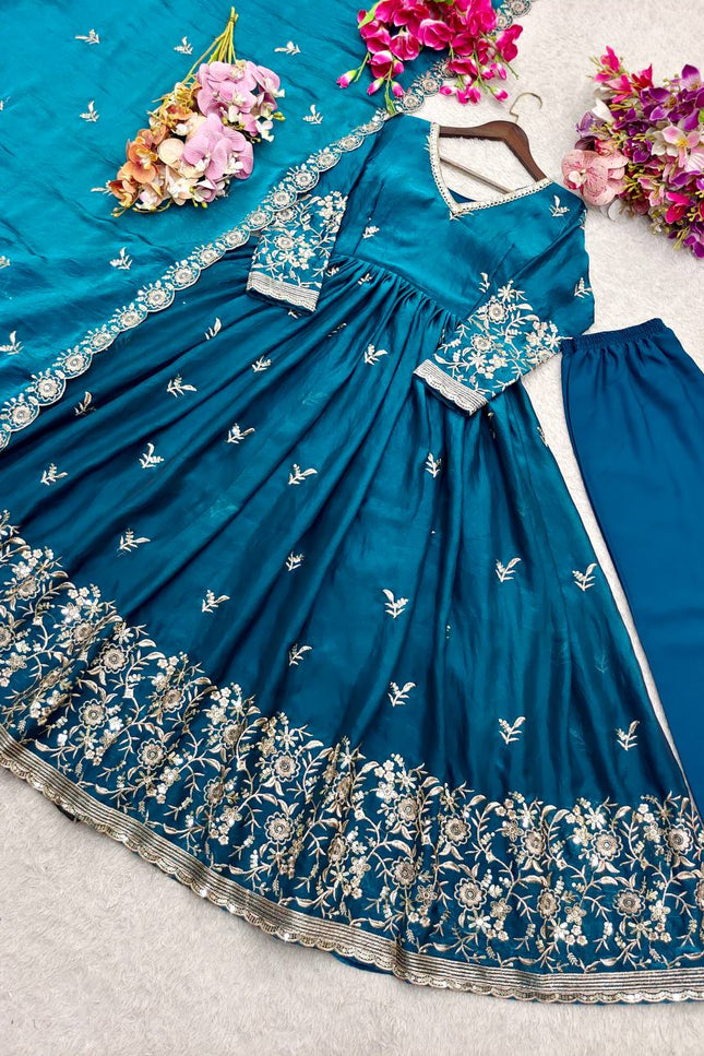 Designer Satin Silk Gown Set | Sequins Embroidery | With Pant & Dupatta | Rosepetals Luxe - Rosepetals Luxe