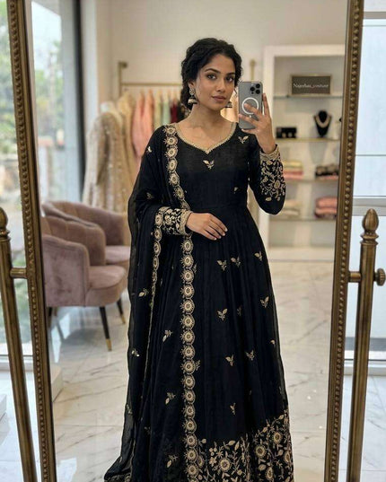 Designer Satin Silk Gown Set | Sequins Embroidery | With Pant & Dupatta | Rosepetals Luxe - Rosepetals Luxe