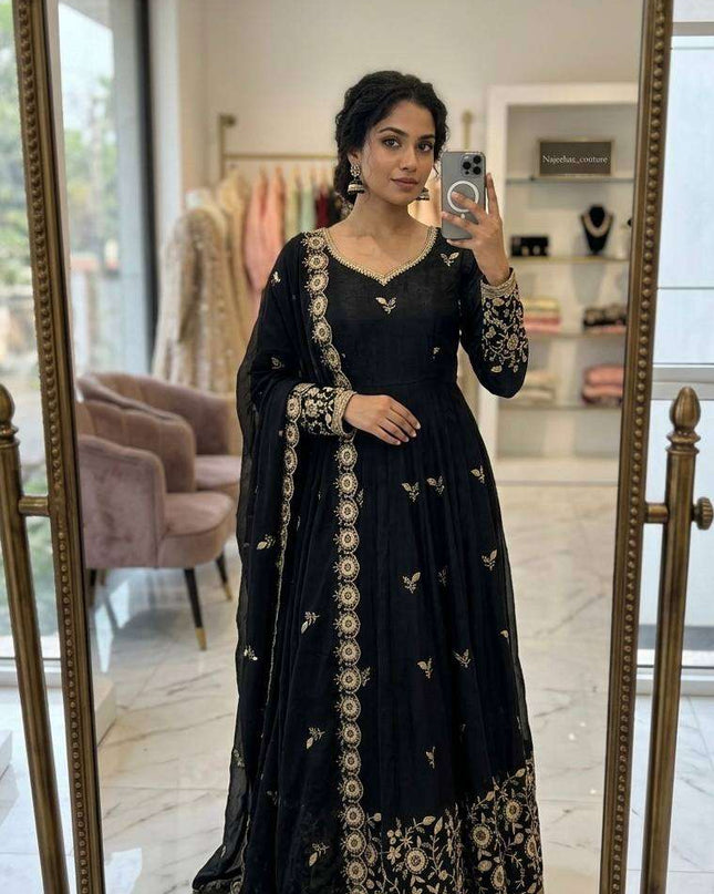 Designer Satin Silk Gown Set | Sequins Embroidery | With Pant & Dupatta | Rosepetals Luxe - Rosepetals Luxe