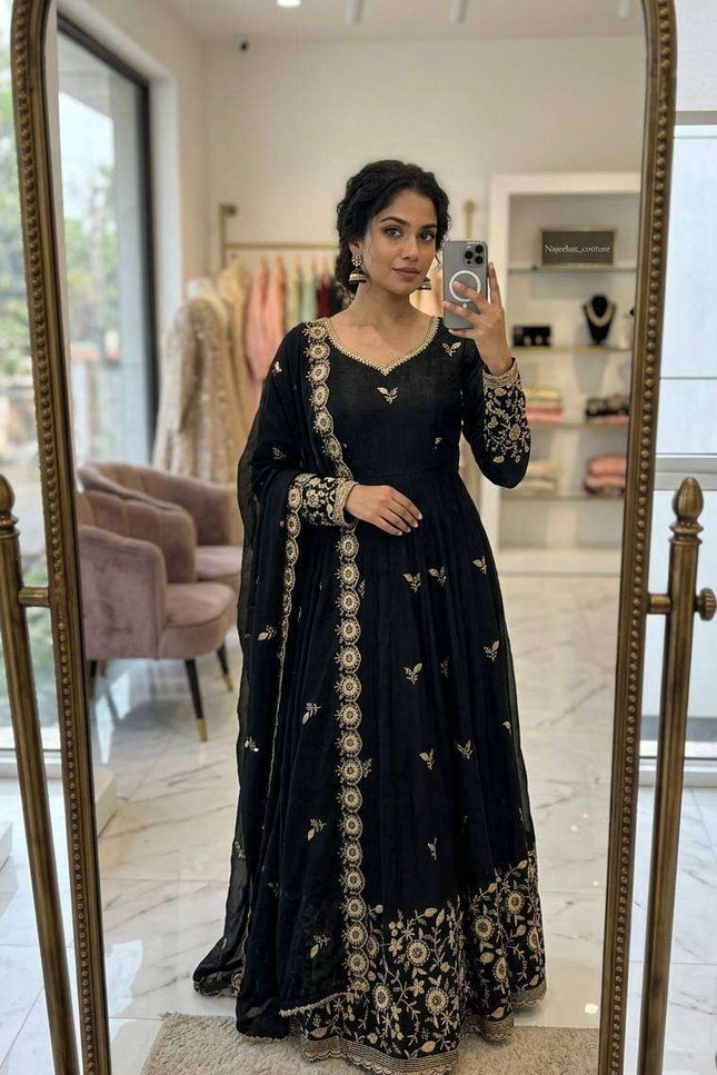Designer Satin Silk Gown Set | Sequins Embroidery | With Pant & Dupatta | Rosepetals Luxe - Rosepetals Luxe