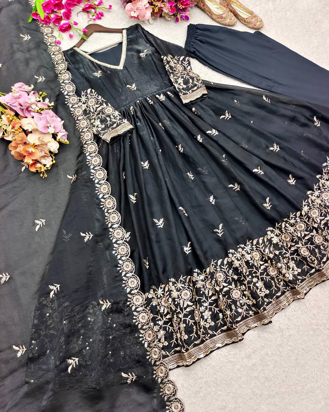 Designer Satin Silk Gown Set | Sequins Embroidery | With Pant & Dupatta | Rosepetals Luxe - Rosepetals Luxe
