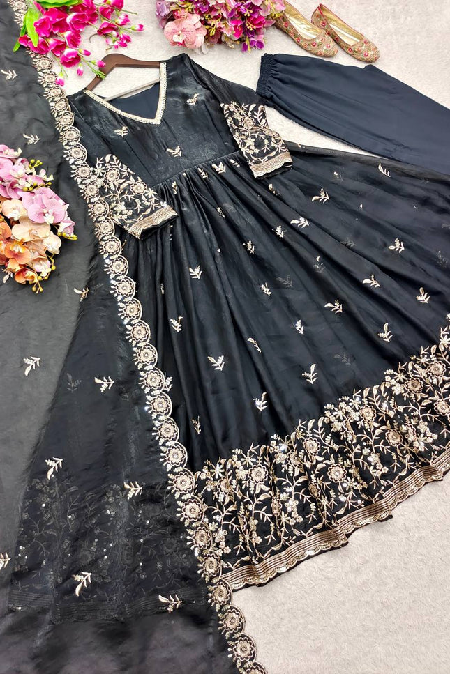 Designer Satin Silk Gown Set | Sequins Embroidery | With Pant & Dupatta | Rosepetals Luxe - Rosepetals Luxe
