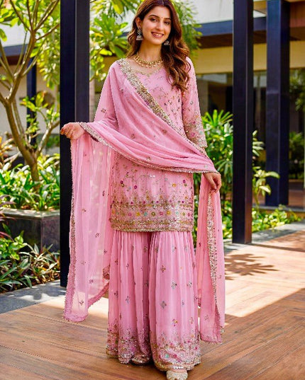 Designer Sharara Suit With Embroidery Thread Work And Sequence Zari Work Kurti - Rosepetals Luxe