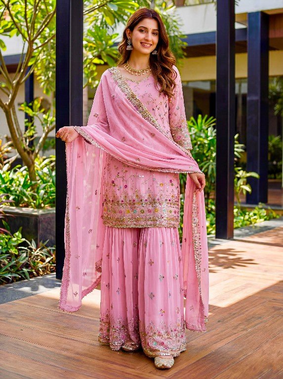 Designer Sharara Suit With Embroidery Thread Work And Sequence Zari Work Kurti - Rosepetals Luxe