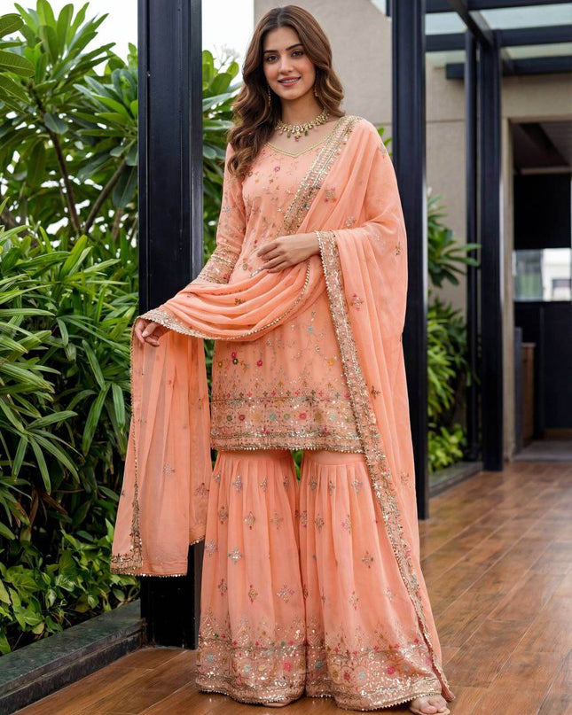 Designer Sharara Suit With Embroidery Thread Work And Sequence Zari Work Kurti - Rosepetals Luxe