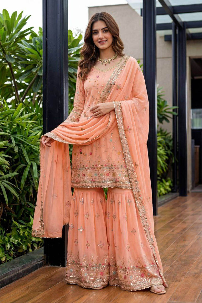 Designer Sharara Suit With Embroidery Thread Work And Sequence Zari Work Kurti - Rosepetals Luxe