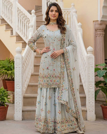 Designer Sharara Suit With Embroidery Thread Work And Sequence Zari Work Kurti - Rosepetals Luxe