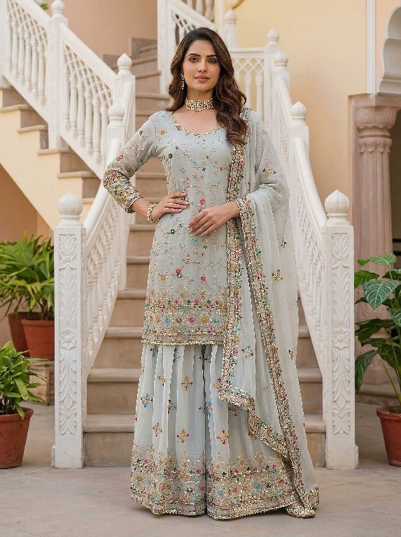 Designer Sharara Suit With Embroidery Thread Work And Sequence Zari Work Kurti - Rosepetals Luxe