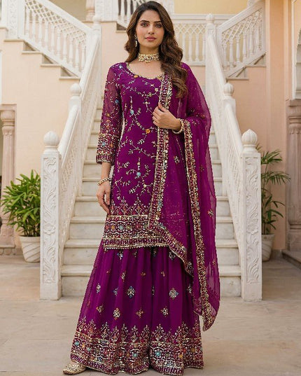 Designer Sharara Suit With Embroidery Thread Work And Sequence Zari Work Kurti - Rosepetals Luxe