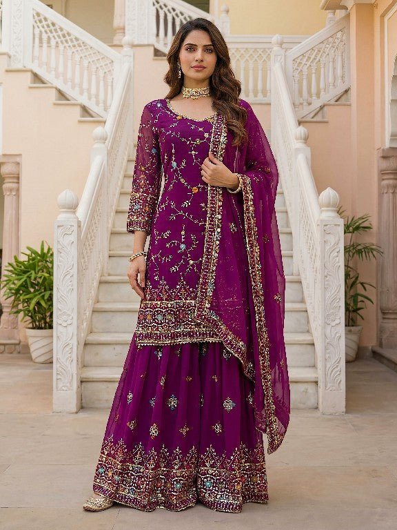 Designer Sharara Suit With Embroidery Thread Work And Sequence Zari Work Kurti - Rosepetals Luxe