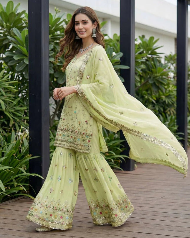 Designer Sharara Suit With Embroidery Thread Work And Sequence Zari Work Kurti - Rosepetals Luxe