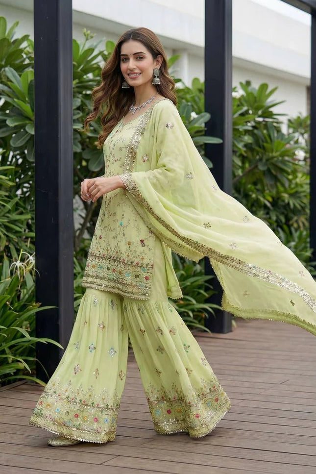 Designer Sharara Suit With Embroidery Thread Work And Sequence Zari Work Kurti - Rosepetals Luxe