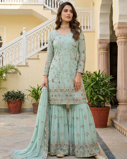Designer Sharara Suit With Embroidery Thread Work And Sequence Zari Work Kurti - Rosepetals Luxe