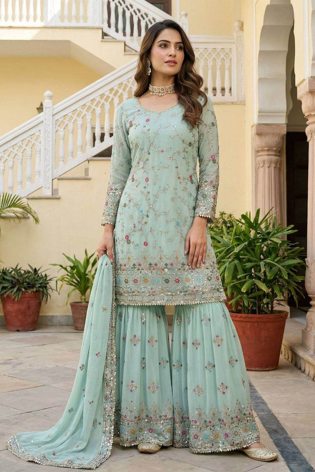 Designer Sharara Suit With Embroidery Thread Work And Sequence Zari Work Kurti - Rosepetals Luxe