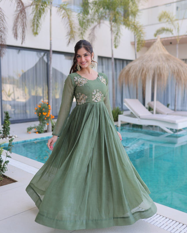 Designer Silver Crunchy Beads Embroidered Gown - Rosepetals Luxe