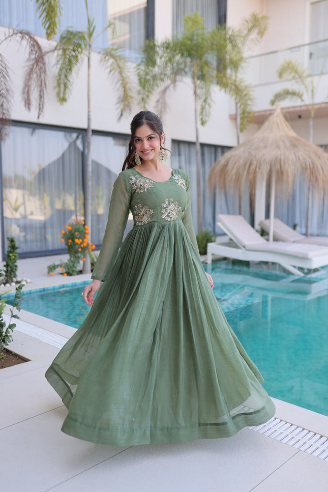 Designer Silver Crunchy Beads Embroidered Gown - Rosepetals Luxe