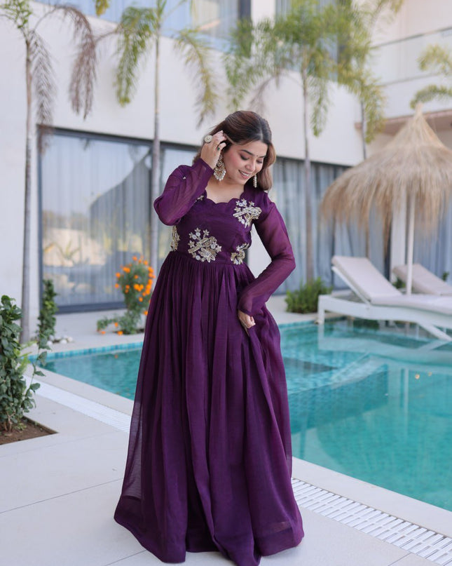 Designer Silver Crunchy Beads Embroidered Gown - Rosepetals Luxe