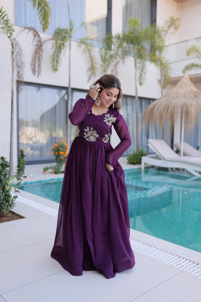 Designer Silver Crunchy Beads Embroidered Gown - Rosepetals Luxe