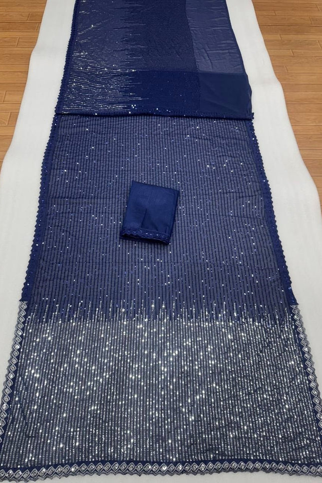 Designer Soft Faux Georgette Bollywood Saree with Katdana and Real Mirror Work - Rosepetals Luxe