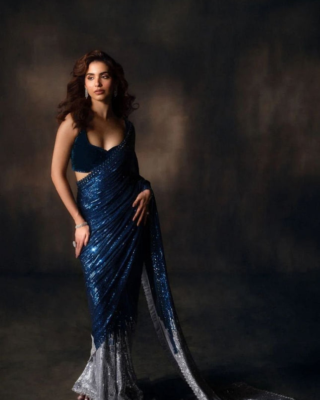 Designer Soft Faux Georgette Bollywood Saree with Katdana and Real Mirror Work - Rosepetals Luxe