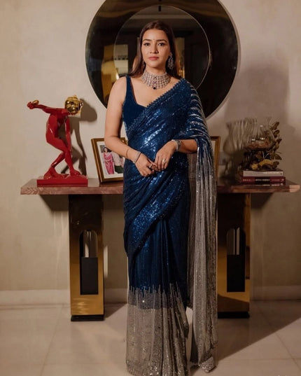 Designer Soft Faux Georgette Bollywood Saree with Katdana and Real Mirror Work - Rosepetals Luxe