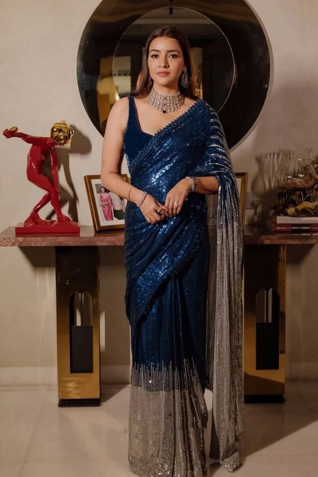 Designer Soft Faux Georgette Bollywood Saree with Katdana and Real Mirror Work - Rosepetals Luxe