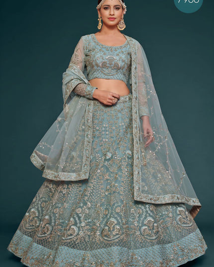 Designer Soft Net Lehenga Choli | Zari, Badla & Glitter Dori Embroidery | A-Line Semi-Stitched - Rosepetals Luxe