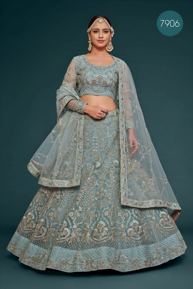 Designer Soft Net Lehenga Choli | Zari, Badla & Glitter Dori Embroidery | A-Line Semi-Stitched - Rosepetals Luxe